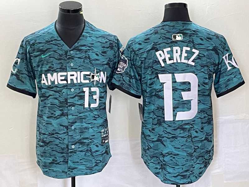 Men's Kansas City Royals #13 Salvador Perez Teal 2023 All Star Cool Base With Patch Stitched Baseball Jersey